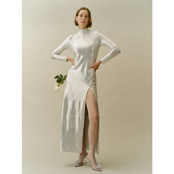 💕REFORMATION💕 Talicia Sequin Mock Neck Maxi Dress ~ Silver Sparkle 6 NWT - Picture 1 of 16